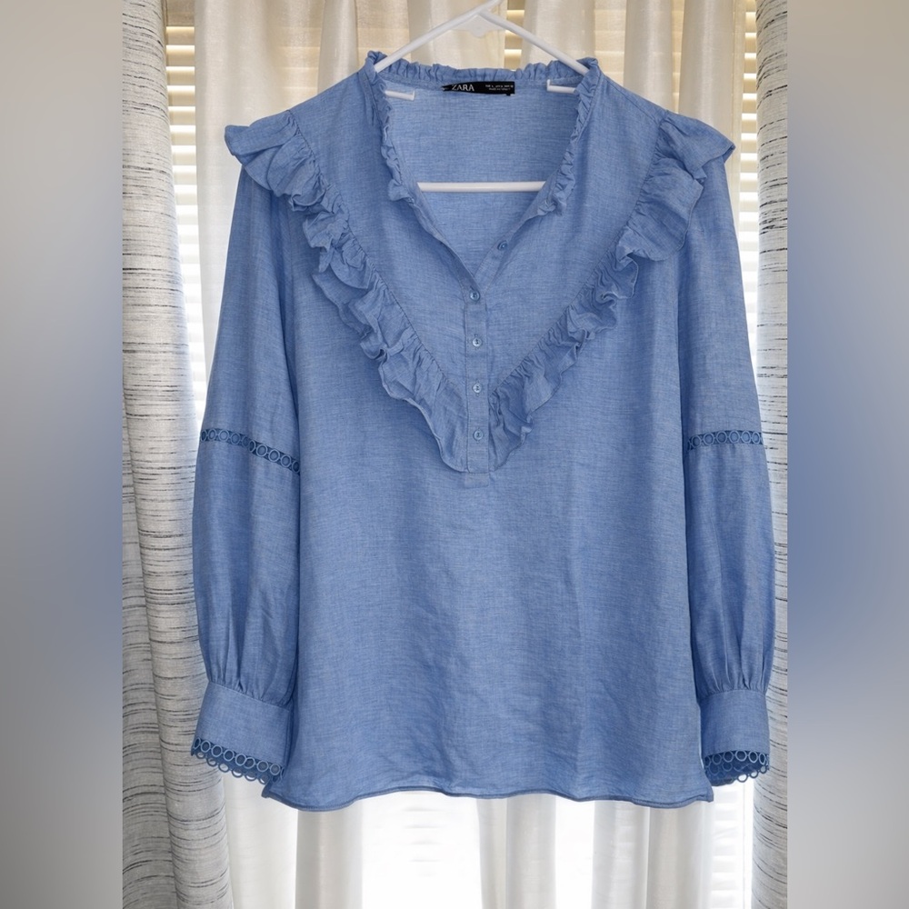 Zara Light Blue Ruffled Blouse